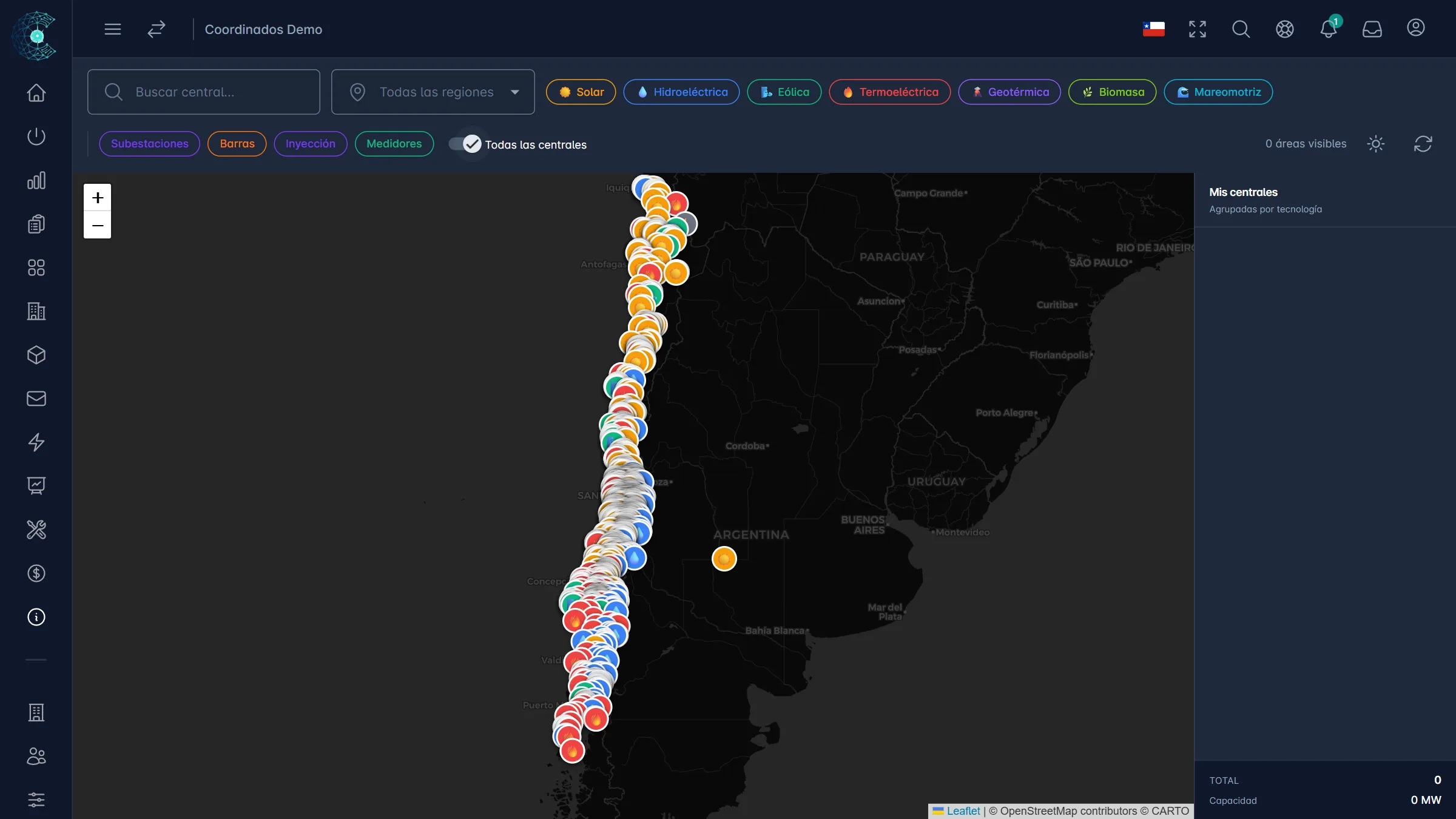 Mapa de las centrales eléctricas del SEN
