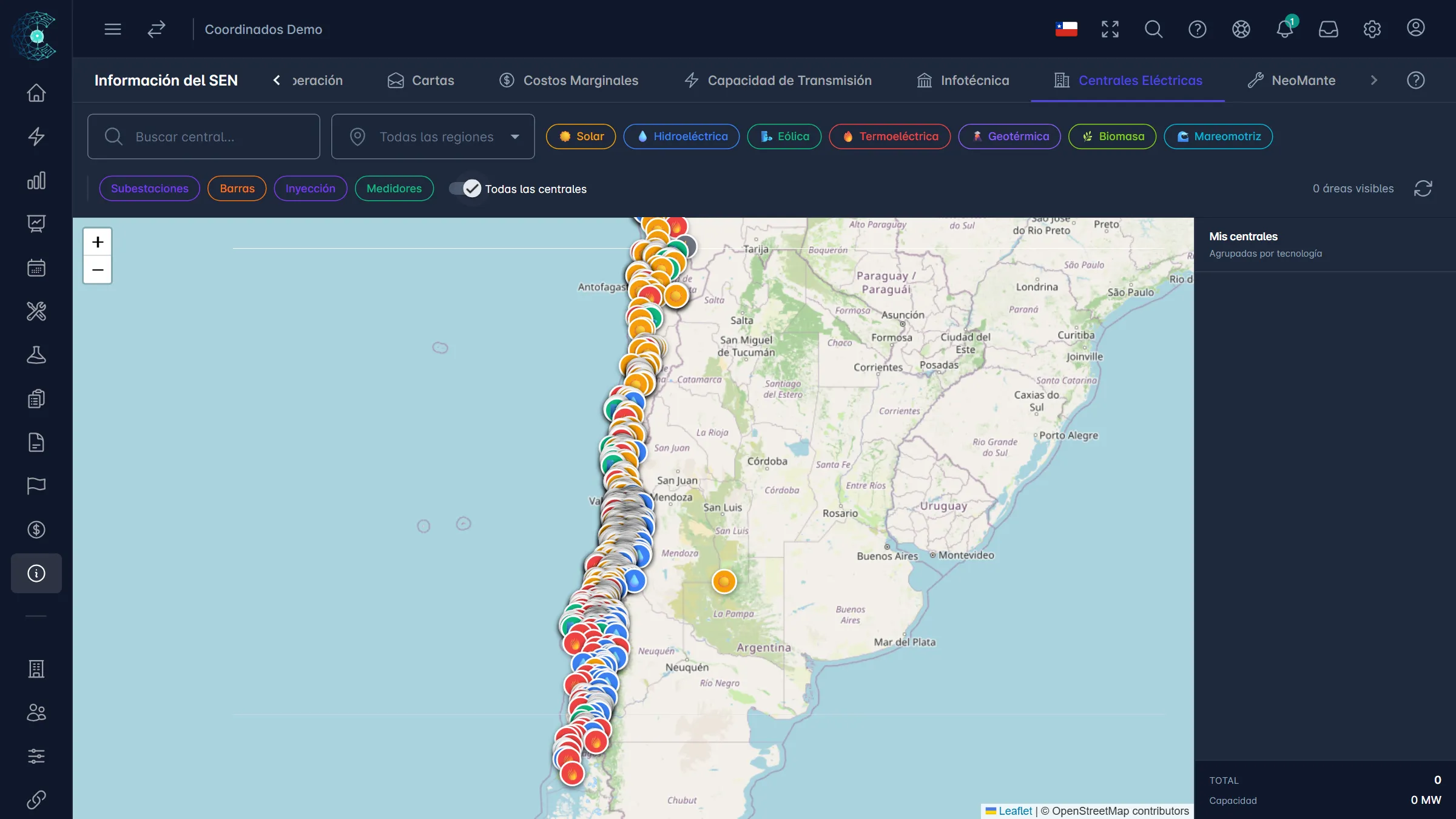 Información del SEN: Cada central del sistema en el mapa