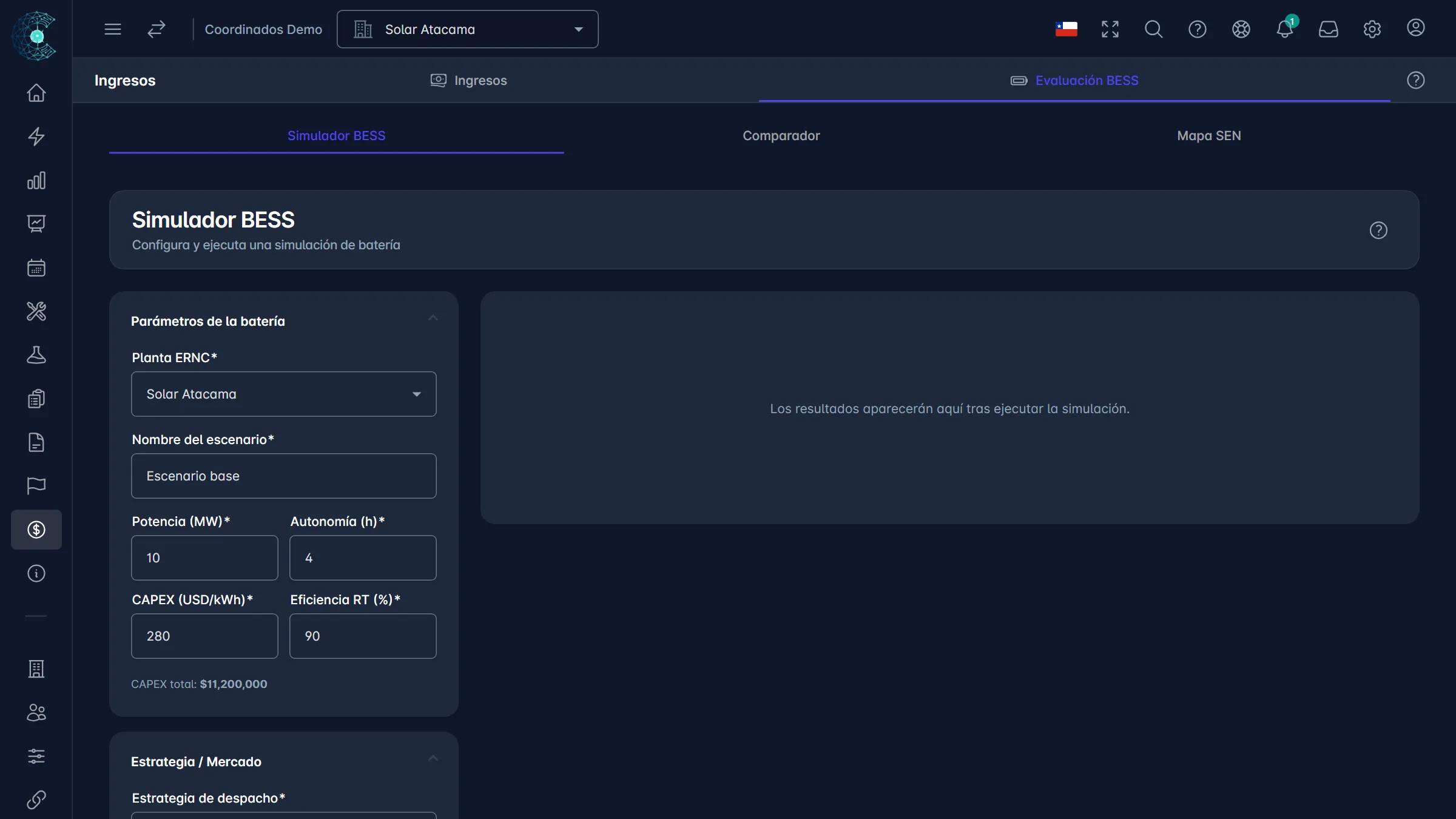 Ingresos: El simulador de baterías, con los datos de tu central ya cargados